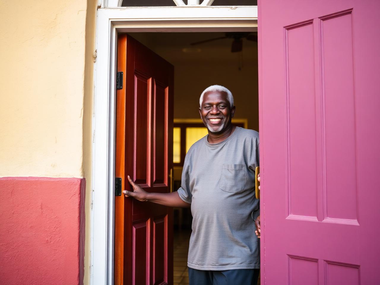 Friendly Haitian church greeter holding the door open with a smile